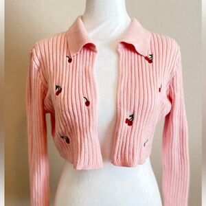 WITTY FOX LONG SLEEVE CROP COLLARED WOMENS GIRLS CARDIGAN SWEATER PINK CHERRIES